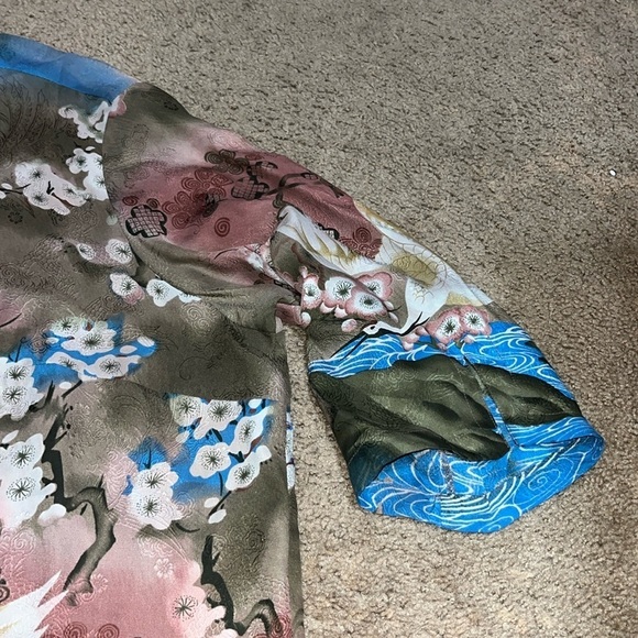 Citron Santa Monica Asian Floral Mandarin Notch Collar Silk Kimono Blouse 3X - Picture 4 of 8